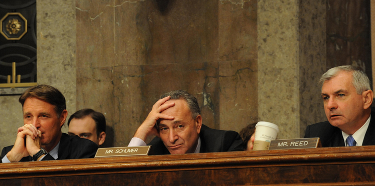 Evan Bayh, Chuck&nbsp;Schumer&nbsp;and Jack Reed listen to testimony during a 2010 hearing. (File)</p>  