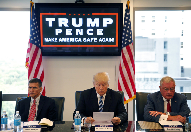 Trump participates in a roundtable discussion on national security in Trump Tower yesterday. From left are&nbsp;Ret. Army Gen. Mike Flynn, Trump and Ret. Army Lt. Gen. Keith Kellogg. (Gerald Herbert/AP)</p>  
