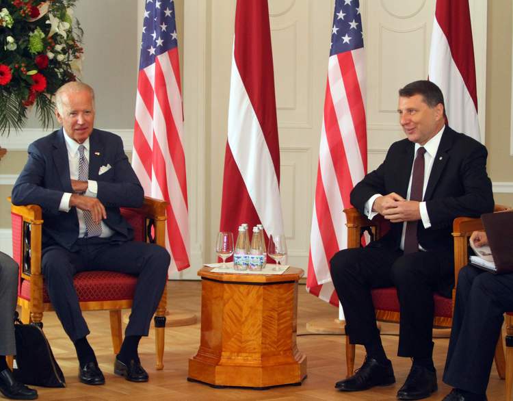 Joe Biden and Latvian&nbsp;President Raimonds Vejonis speak during their bilateral meeting in Riga this morning. (Petras Malukas/AFP/Getty Images)</p>  