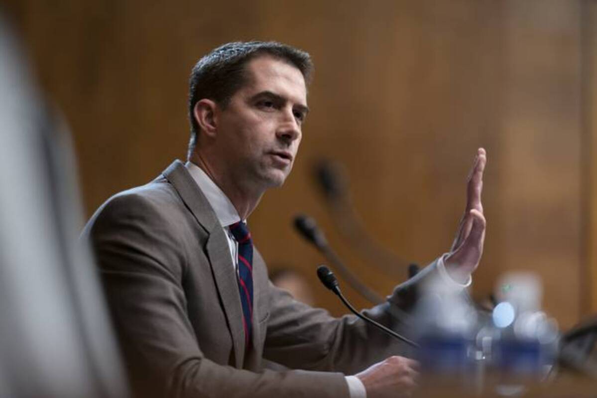Sen. Tom Cotton (R-Ark.) questions Steven Dettelbach, President Biden's pick to head the Bureau of Alcohol, Tobacco, Firearms, and Explosives, on May 25. (J. Scott Applewhite/AP)