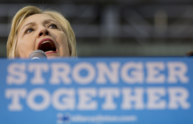 Hillary campaigns in&nbsp;West Philadelphia last month. (Jessica Kourkounis/Getty Images)</p>  