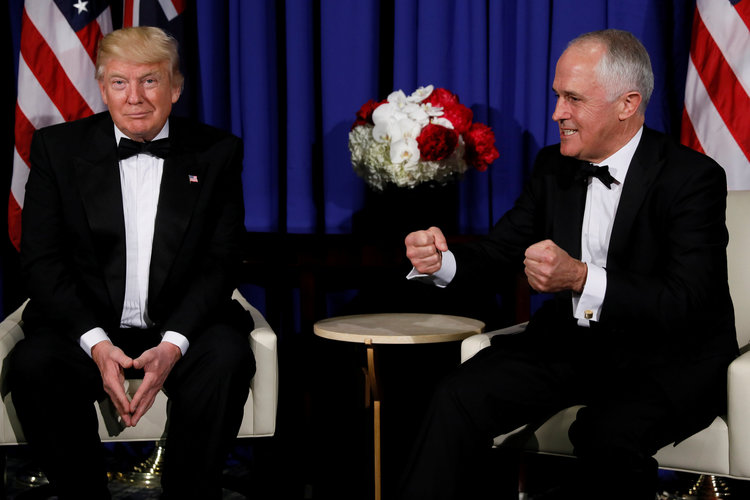 Trump and Prime Minister Malcolm Turnbull meet in New York. (Reuters/Jonathan Ernst)</p>  