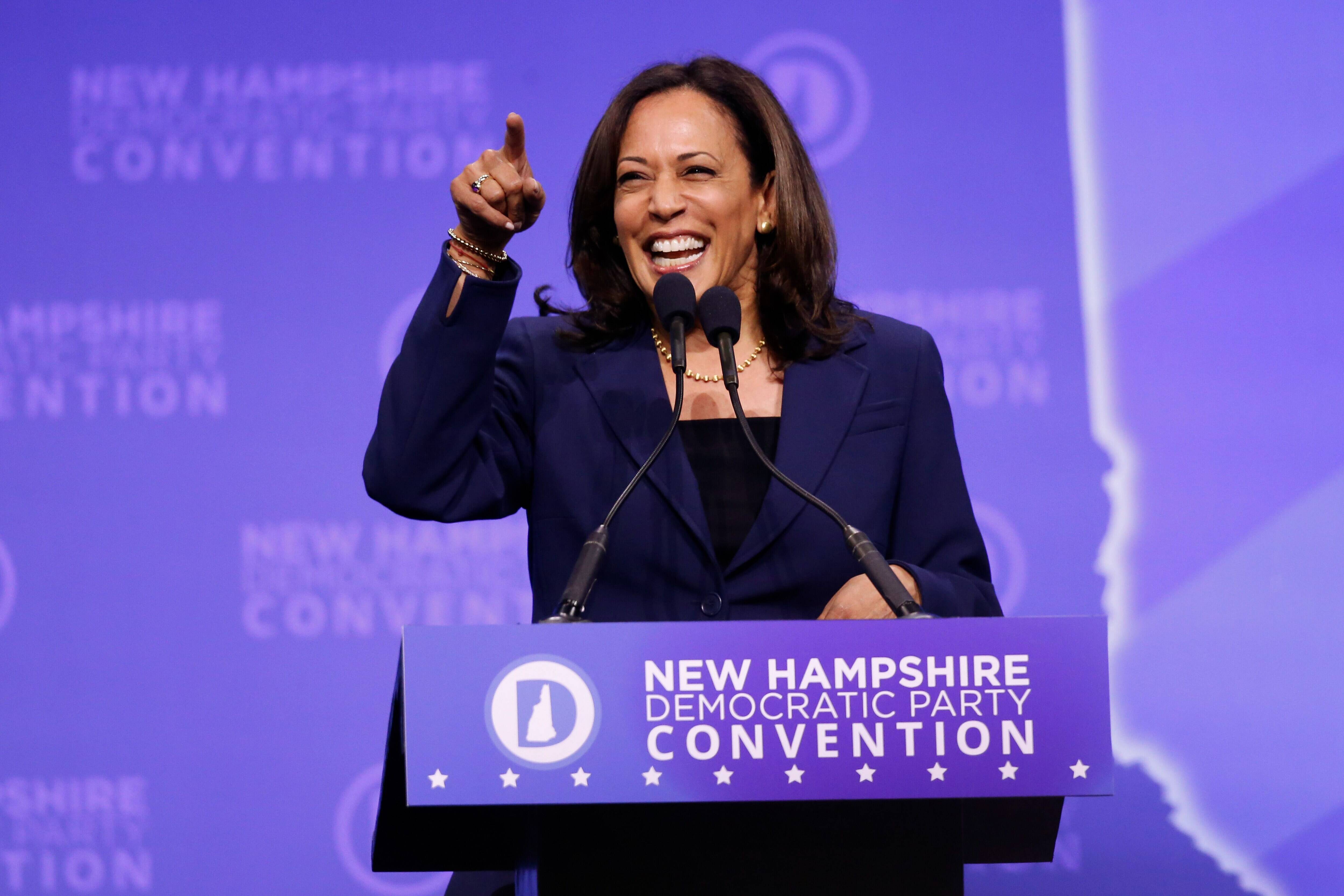 Then-Democratic presidential candidate Kamala D. Harris speaks during the New Hampshire state Democratic Party convention in 2019 in Manchester, N.H. (Robert F. Bukaty/AP)