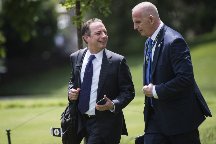 Reince Priebus talks with longtime Trump bodyguard Keith Schiller last month. (Jabin Botsford/The Washington Post)</p>  