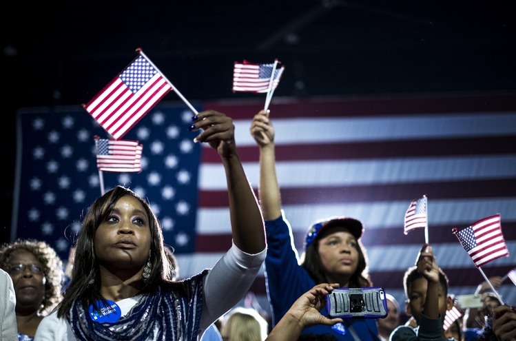 Clinton, Pharrell Williams and Sen. Bernie Sanders campaign in&nbsp;Raleigh, North Carolina. (Melina Mara/The Washington Post)</p>  