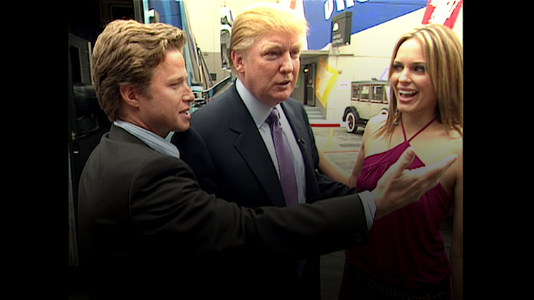 Trump prepares for an appearance on "Days of Our Lives" with actress Arianne Zucker in 2005. He is accompanied to the set by Billy Bush. (Obtained by The Washington Post)</p>