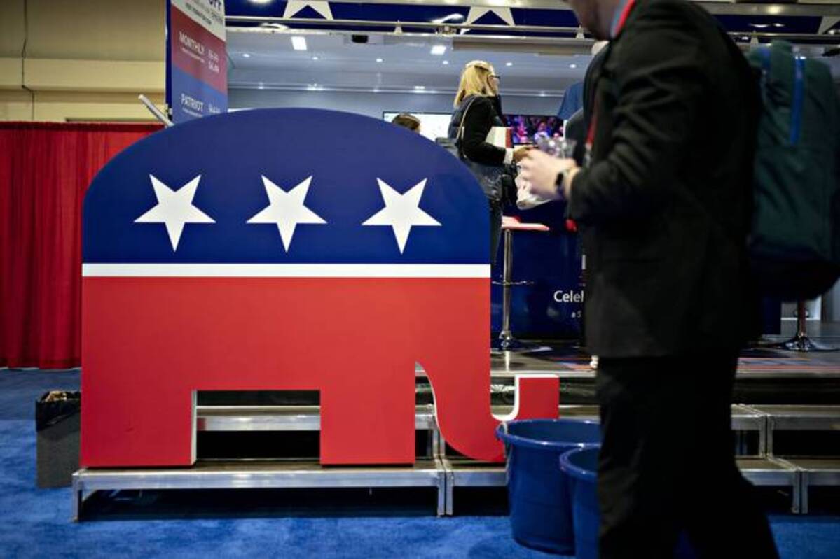 The Republican Party elephant mascot sits on display in the exhibition hall during the 2020 Conservative Political Action Conference. (Andrew Harrer/Bloomberg News)