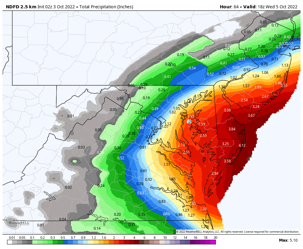Forecast rainfall through Wednesday midday from the National Weather Service. (WeatherBell)
