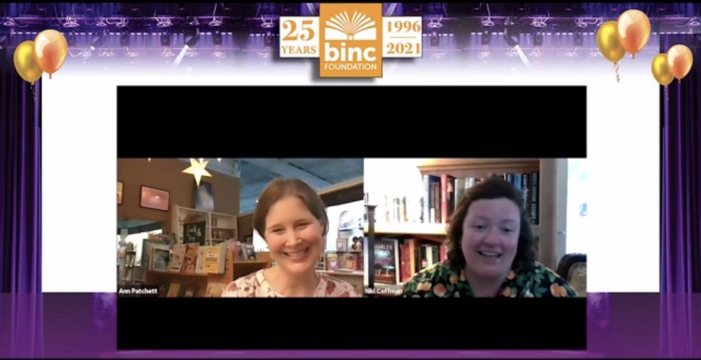 Novelist Ann Patchett, the owner of Parnassus Books in Nashville, Tenn., talks with her friend and fellow bookseller Niki Coffman at the Binc 25th anniversary gala, Aug. 12, 2021 (Screenshot).