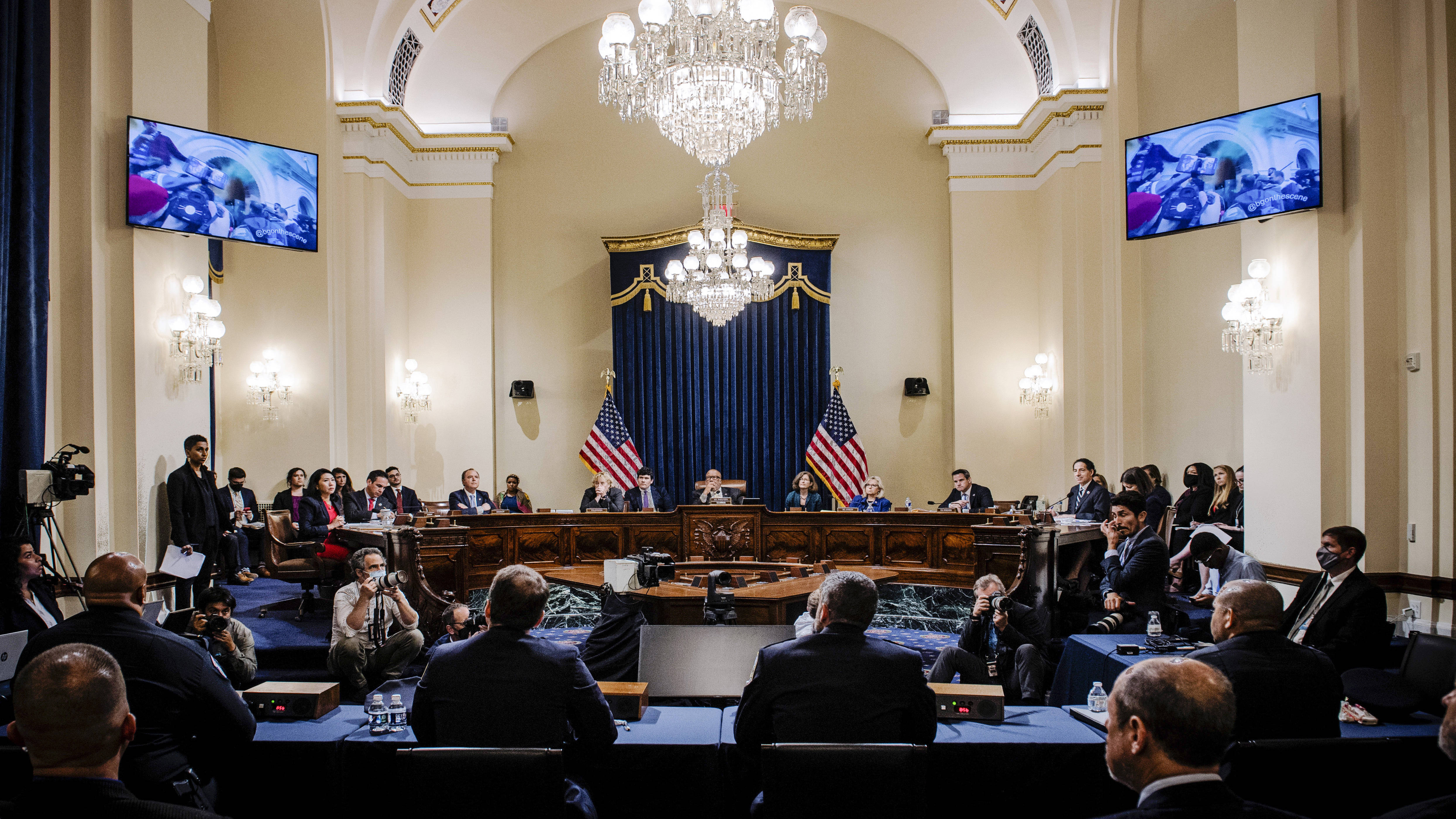 A video of the Jan. 6 Capitol attack is played during the House select committee hearing on Capitol Hill on July 27, 2021. (Bill O'Leary/The Washington Post)