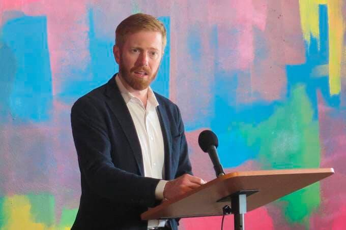 Rep. Peter Meijer (R-Mich.) answers questions at the West Michigan Hispanic Chamber of Commerce in Grand Rapids, Mich., on July 25. (AP/Joey Cappelletti)