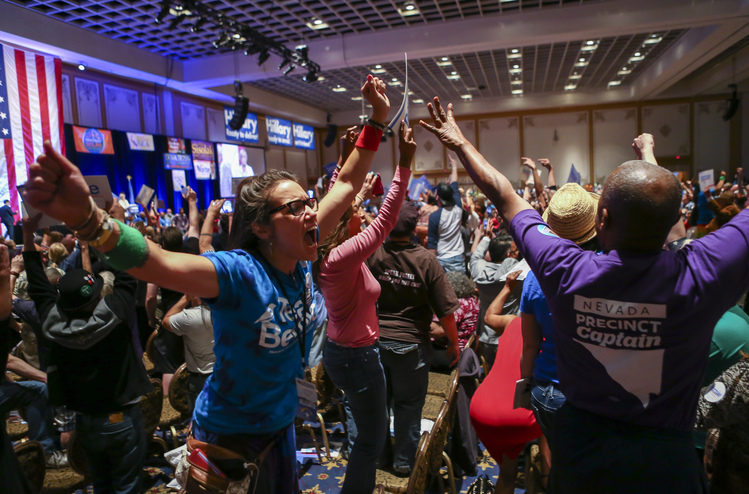 Sanders supporters at the Nevada State Democratic Party convention&nbsp;in Las Vegas on Saturday.&nbsp;(Chase Stevens/AP)</p>  