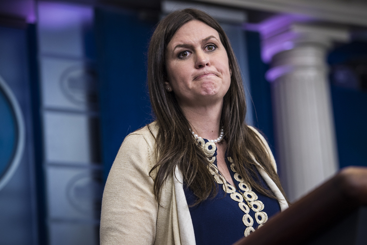 Sarah Huckabee Sanders speaks during the daily briefing. (Jabin Botsford/The Washington Post)</p>