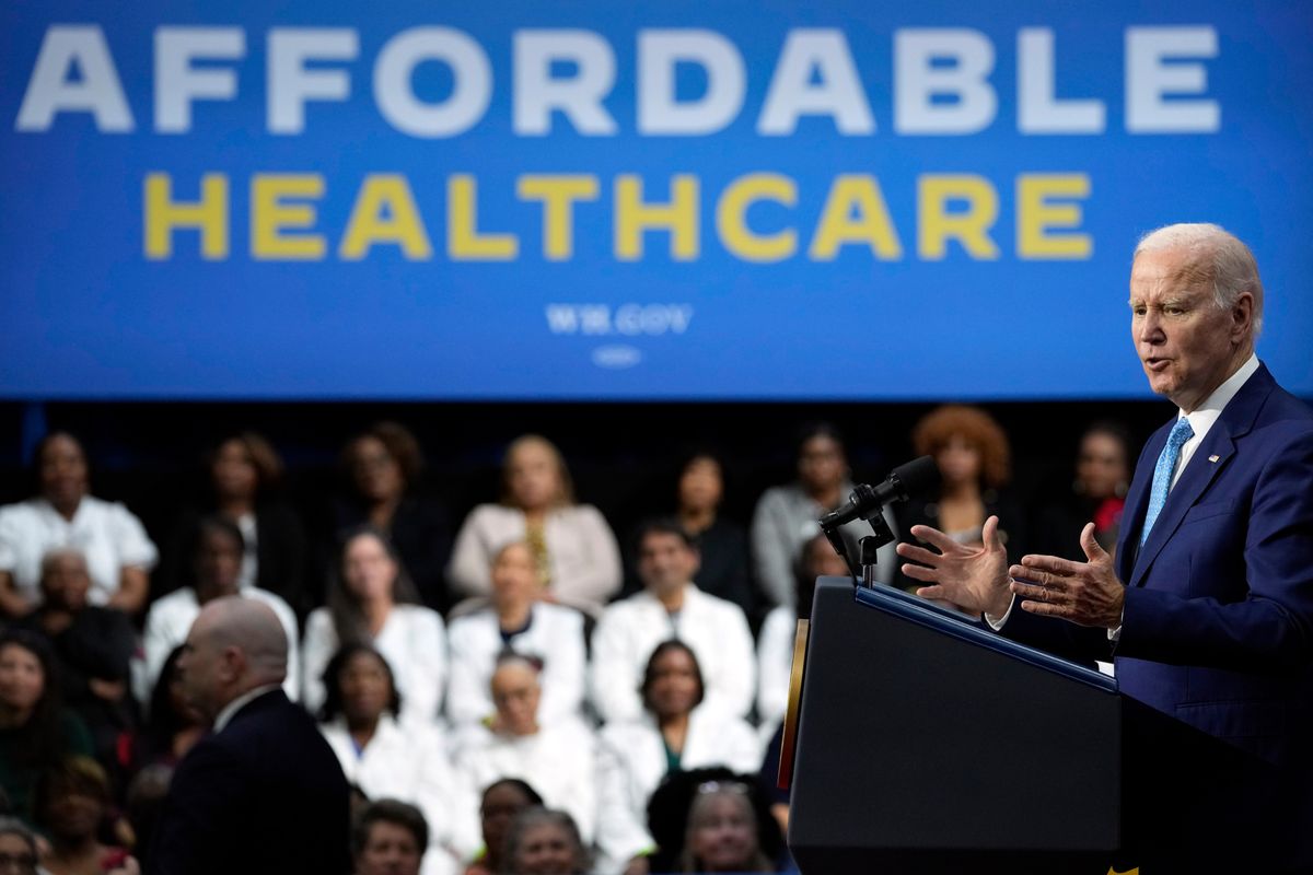 President Biden talks about health care during a visit to the Kempsville Recreation Center in Virginia Beach yesterday. (Susan Walsh/AP)