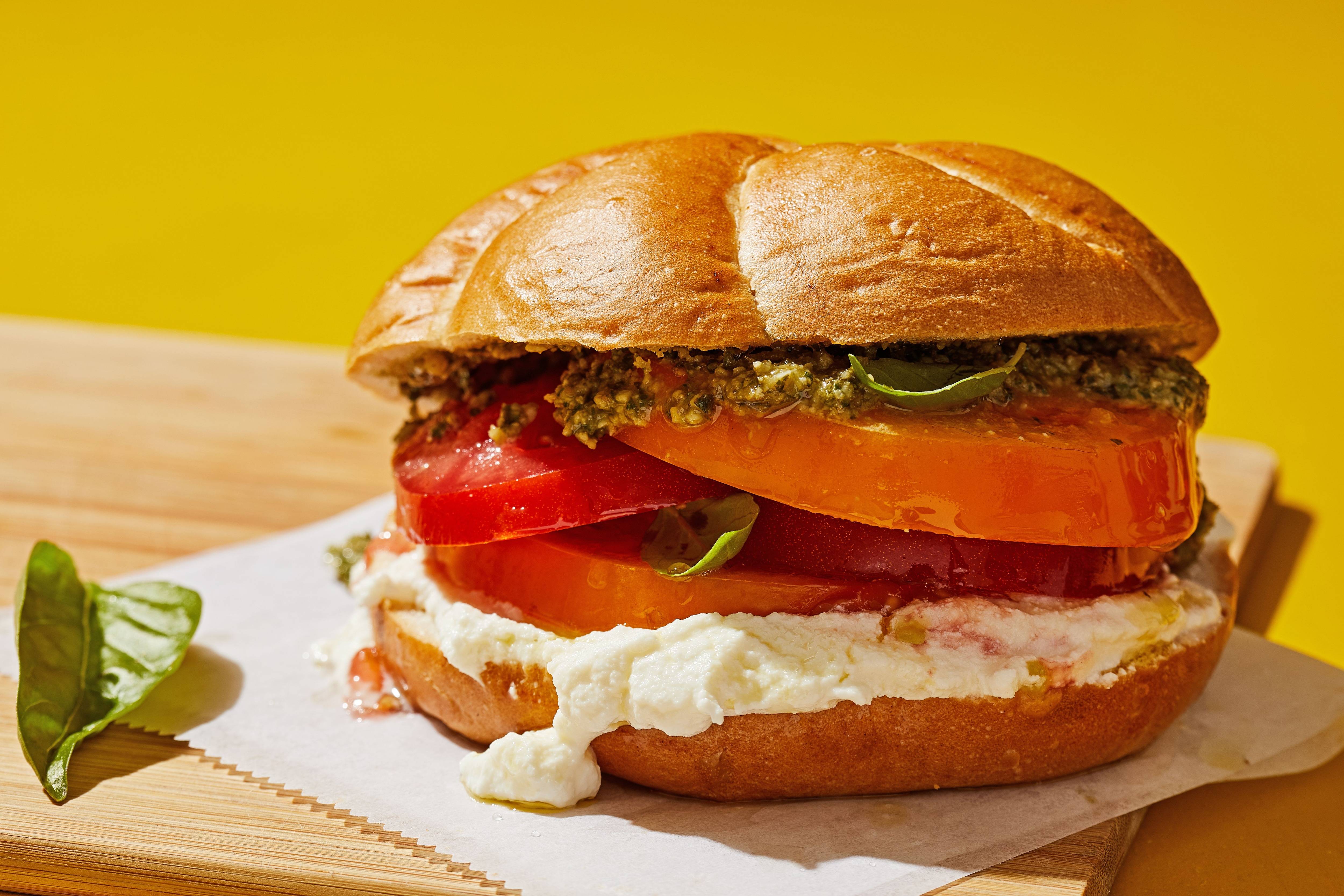 Tomato, Pesto and Ricotta Sandwiches. (Tom McCorkle for The Washington Post; food styling by Lisa Cherkasky for The Washington Post)