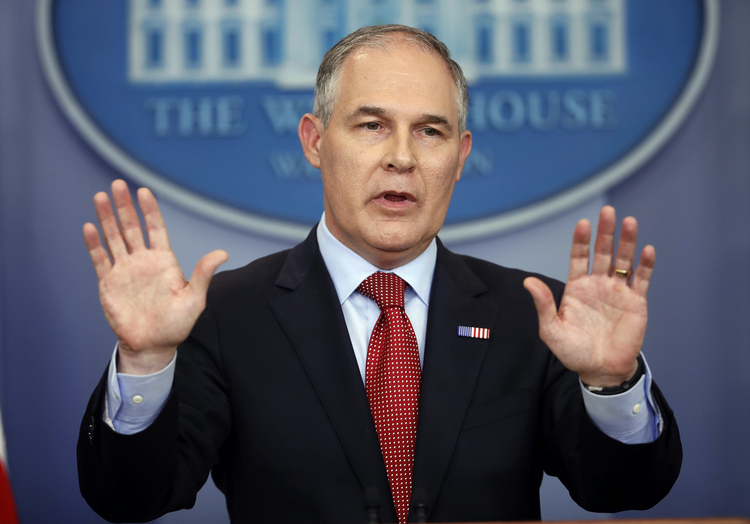 EPA Administrator Scott Pruitt speaks to reporters in the White House press room. (Pablo Martinez Monsivais/AP)</p>  