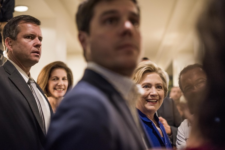 Hillary Clinton meets casino workers at the Mirage Hotel in Las Vegas last week with Senate Democratic candidate Catherine Cortez Masto. (Melina Mara/The Washington Post)</p>  