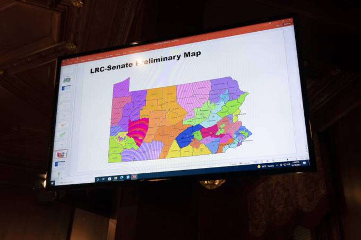 A proposed Pennsylvania Senate district map is displayed during a meeting of the Pennsylvania Legislative Reapportionment Commission at the Capitol in Harrisburg, Pa., on Dec. 16. (Matt Rourke/AP)