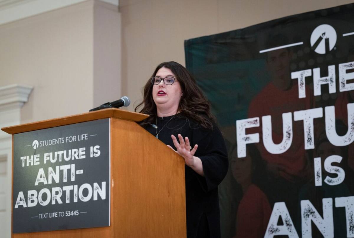 Kristan Hawkins, president of Students for Life Action, speaks in April about her movement's 