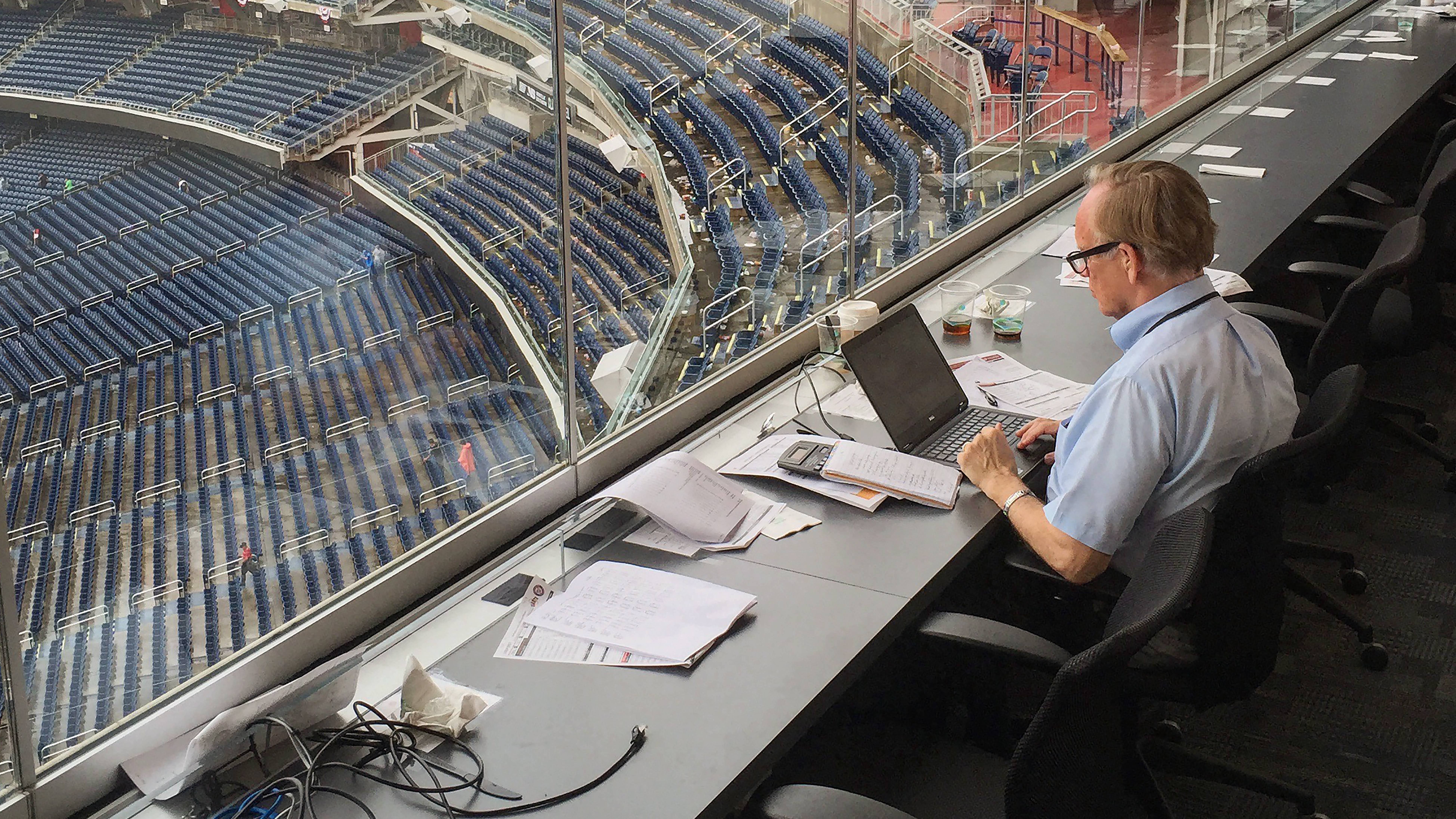 Thomas Boswell in the press box at Nationals Park. (John McDonnell/The Washington Post)