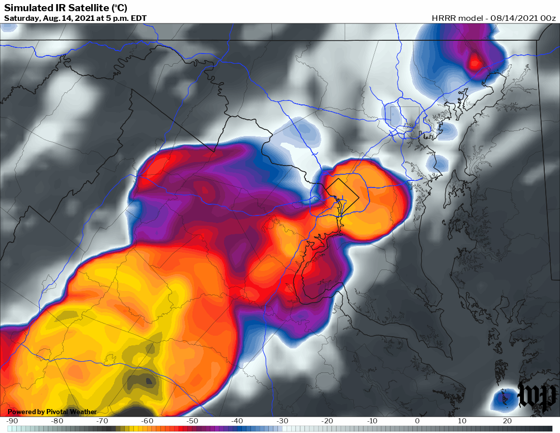 Simulated infrared satellite shows storms in the region late Saturday afternoon.