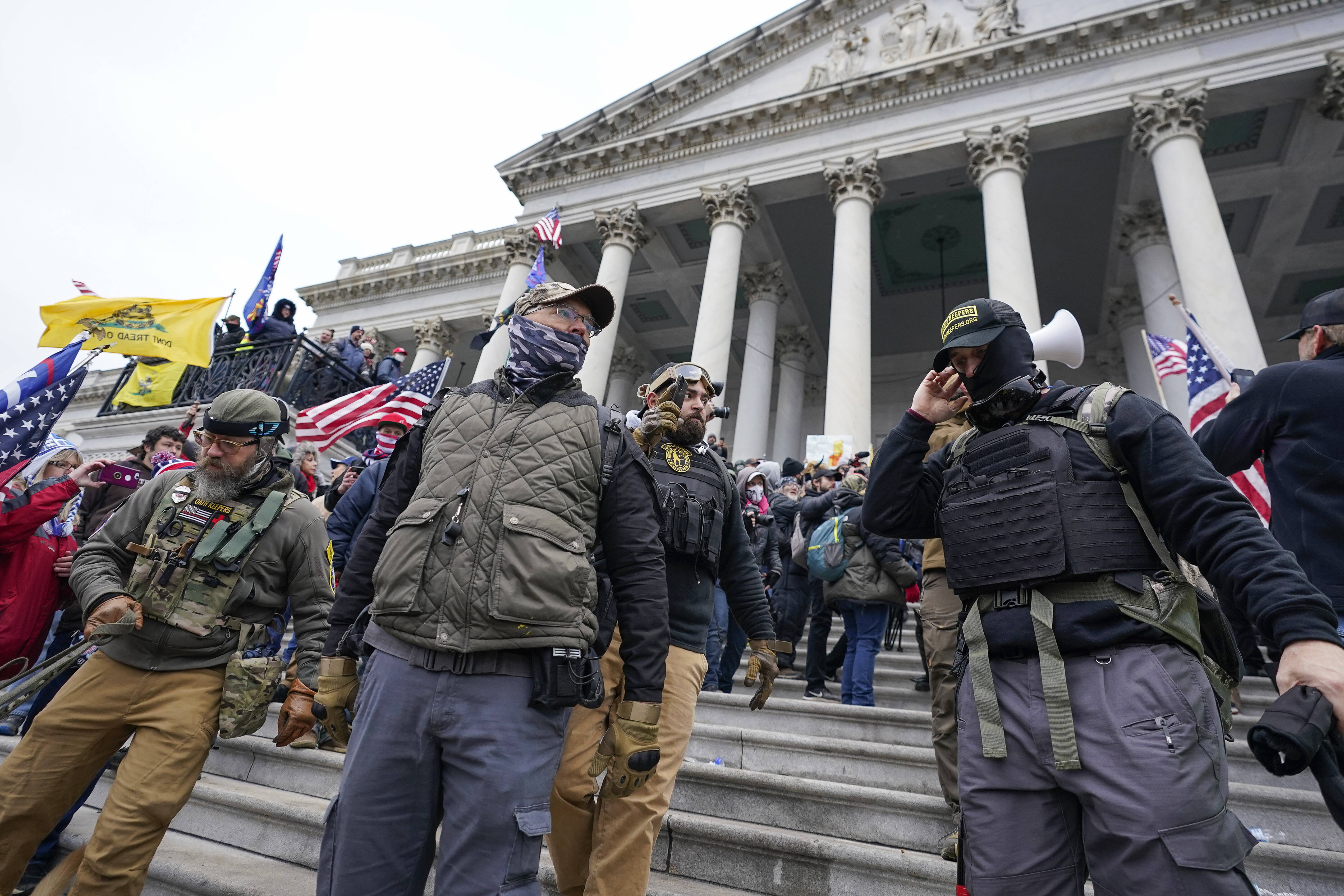 Members of the militia group Oath Keepers on Jan. 6, 2021. (AP Photo/Manuel Balce Ceneta)