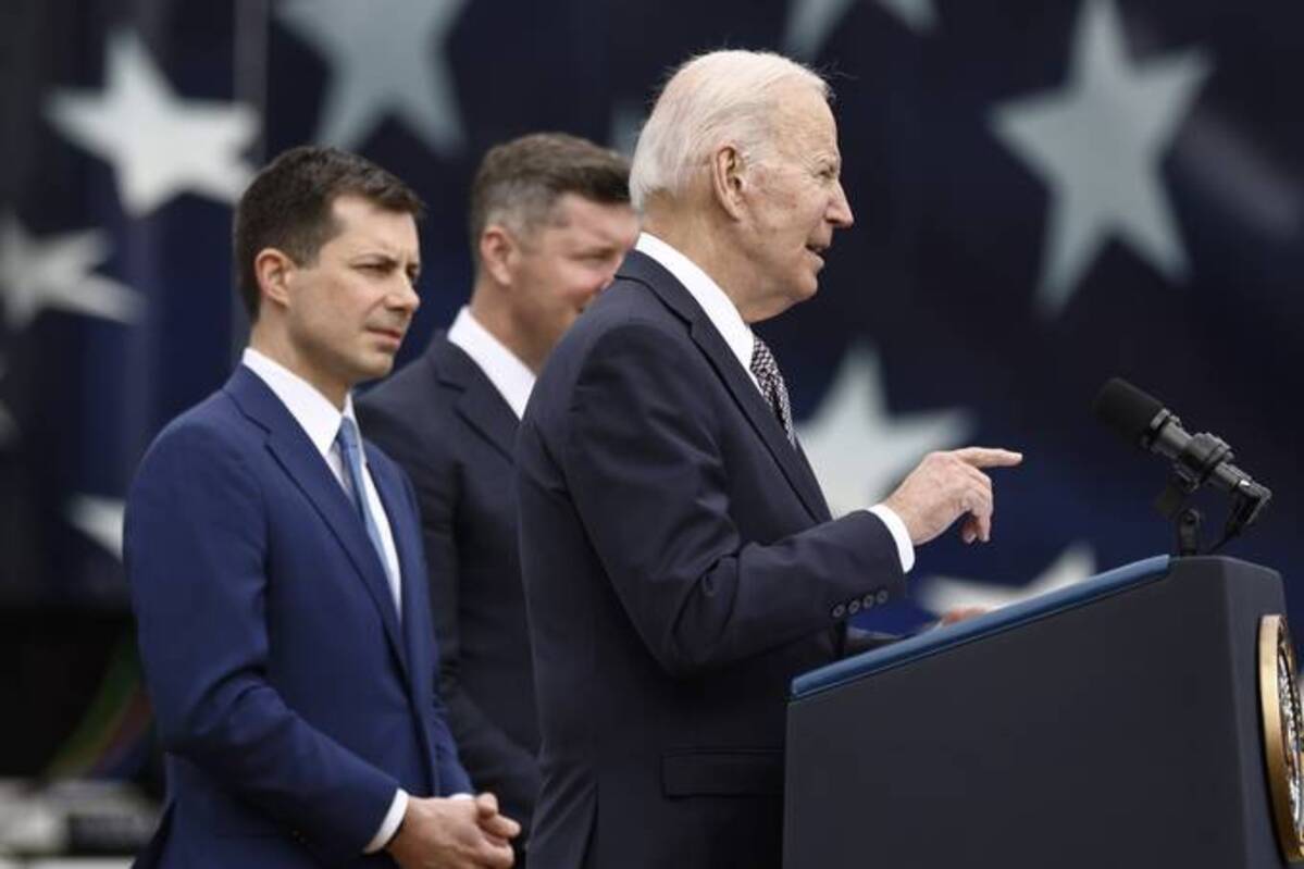 President Biden speaks during an event on the South Lawn of the White House on Monday. (Ting Shen/Bloomberg News)