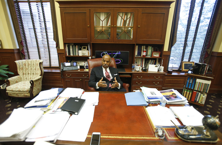 The chief judge for the Fourth Circuit Court of Appeals, Roger Gregory, during an interview in his office in Richmond. (Steve Helber/AP)</p>  