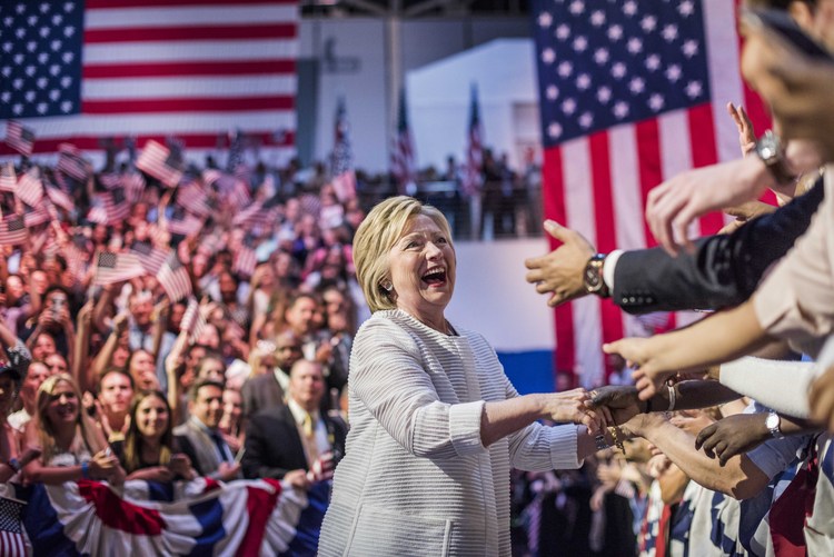 Clinton greets supporters at her primary night victory party in Brooklyn.&nbsp;(Melina Mara/The Washington Post)</p>  