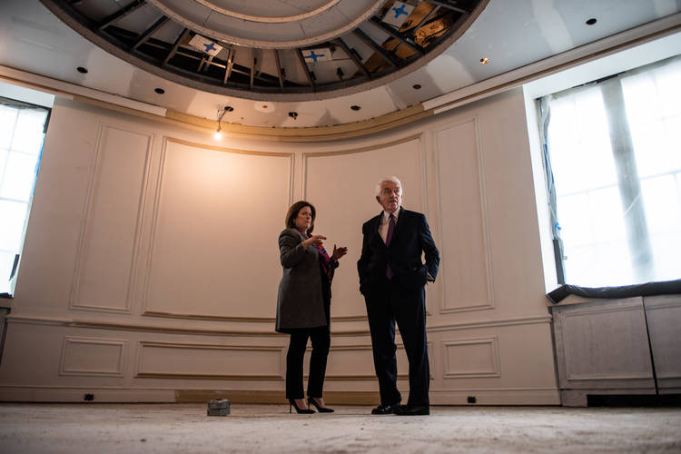 Donohue and Clark visit one of the rooms that is under renovation at the group's headquarters across the street from the White House. (Salwan Georges/The Washington Post)  