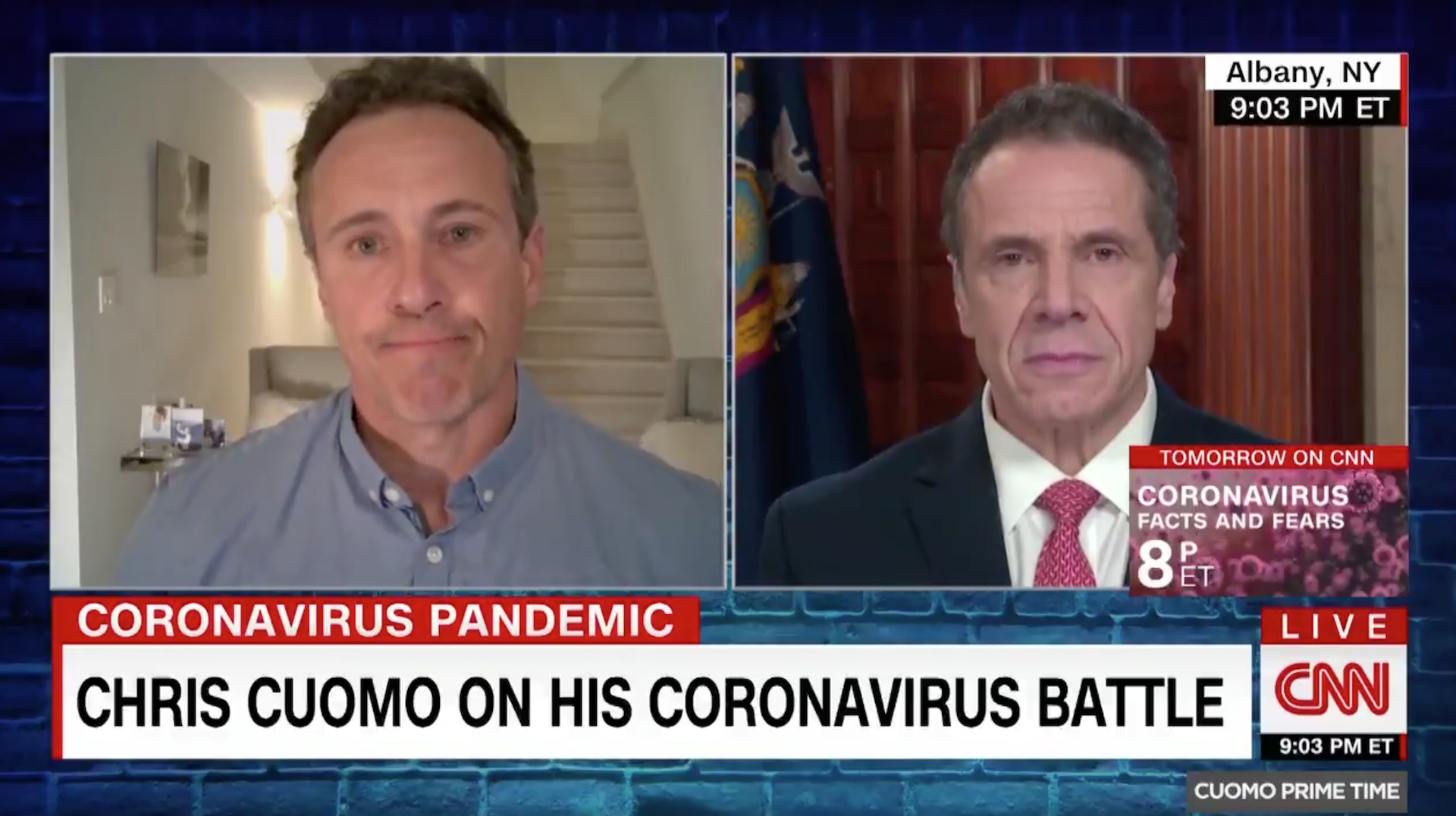 CNN's Chris Cuomo, left, with brother, New York Gov. Andrew M. Cuomo in April 2020 on his show 