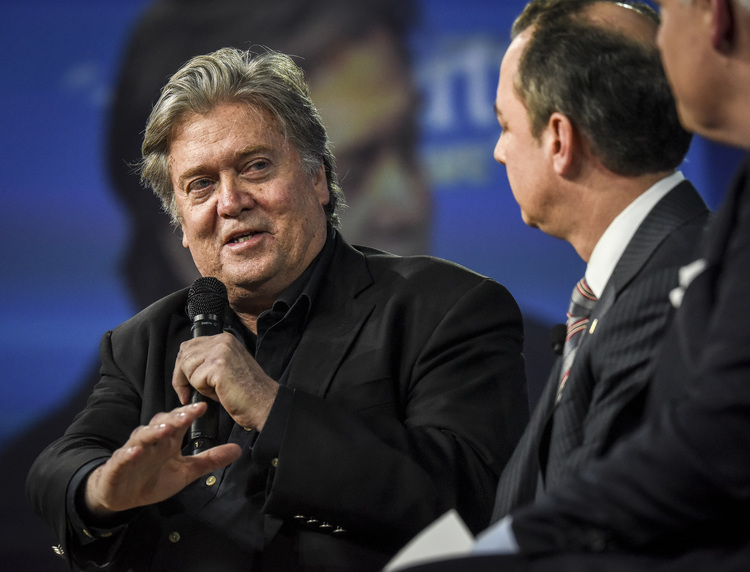 Steve Bannon&nbsp;talks at CPAC. (Photo by Bill O'Leary/The Washington Post)</p>  