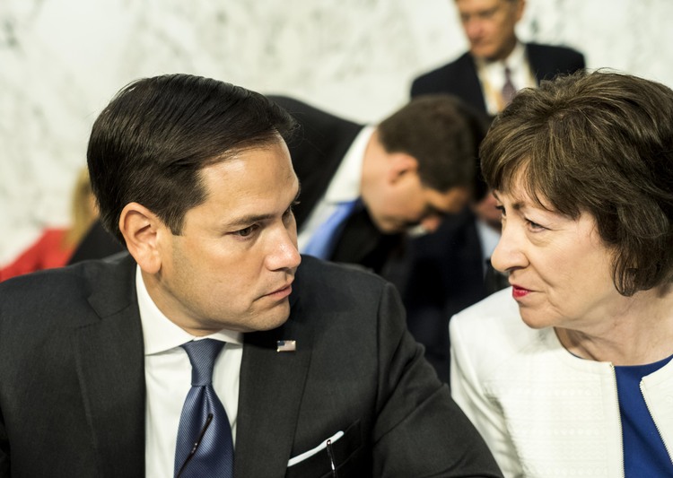 Marco Rubio and Susan Collins confer before a Senate Intelligence Committee hearing last week. (Melina Mara/The Washington Post)</p>  