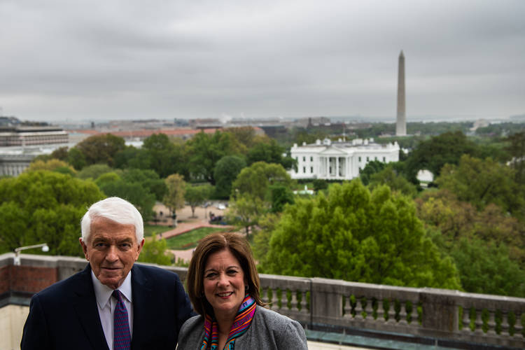 Donohue and Clark pose for a portrait on the Chamber's roof last week. (Salwan Georges/The Washington Post)  