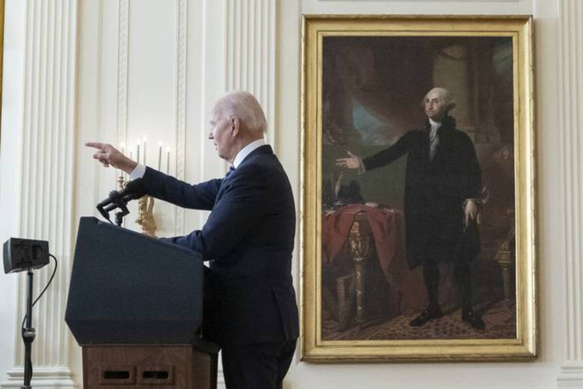 President Biden calls on reporters for questions while speaking about the Russian invasion of Ukraine in the East Room of the White House on Thursday. (Alex Brandon/AP)