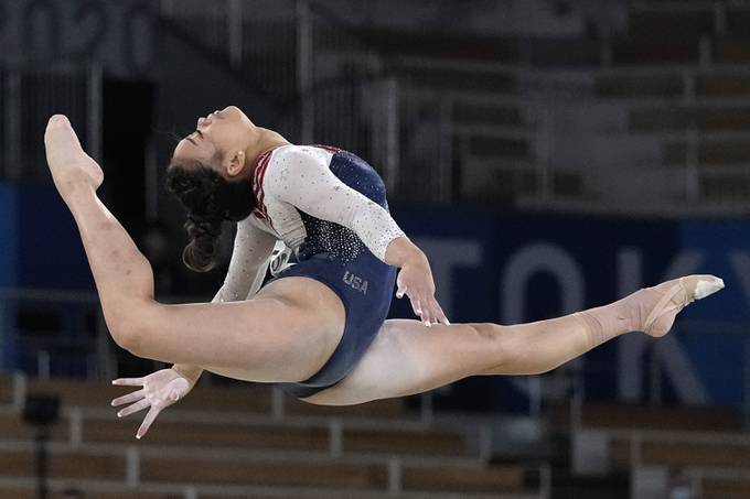Sunisa Lee, of the United States, performs on the floor during the artistic gymnastics women's all-around final at the Summer Olympics. (Gregory Bull/AP)
