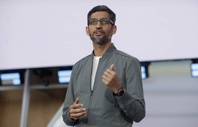 Google CEO Sundar Pichai speaks at the Google I/O conference in Mountain View, Calif. in 2019. (AP Photo/Jeff Chiu, File)