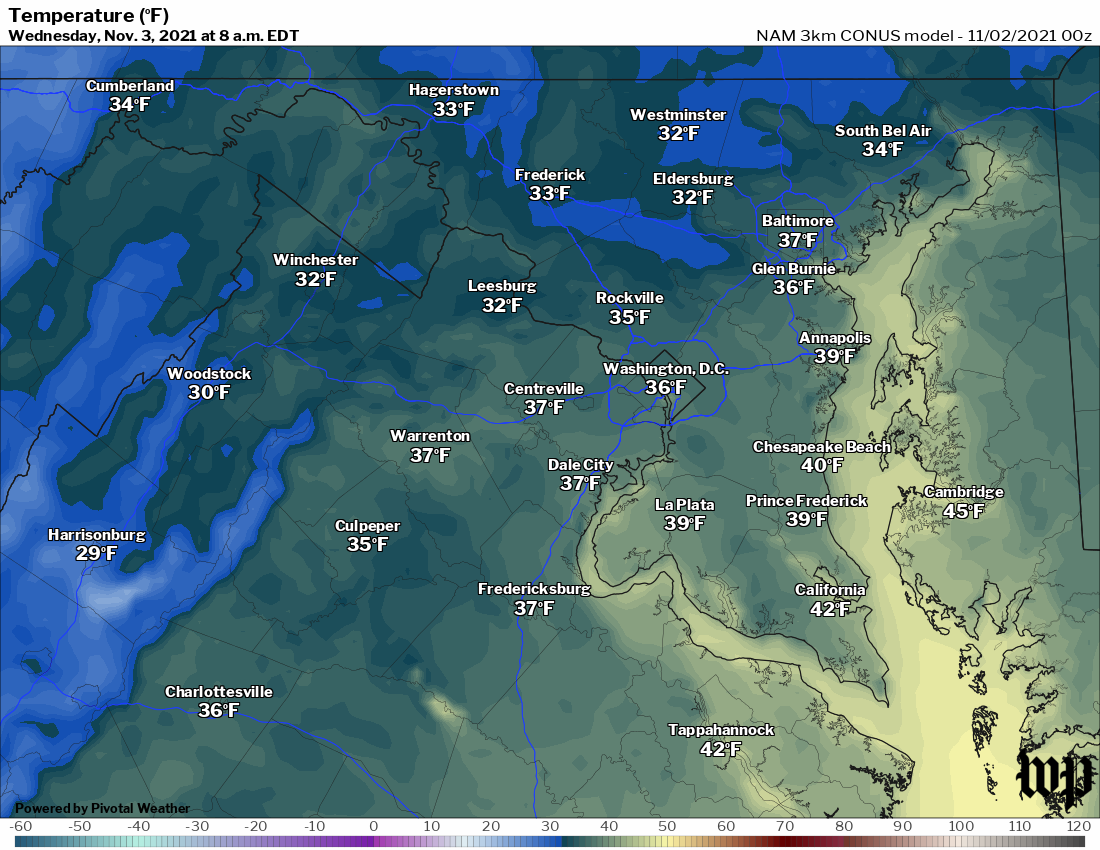 Low temperatures in the 30s early Wednesday morning could mean some frost in the suburbs, even dipping to near freezing heading north and west of the Beltway.