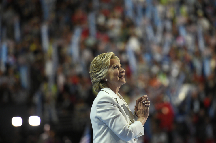 Hillary Clinton acknowledges the crowd after delivering her acceptance speech at the Democratic National Convention in Philadelphia. (Melina Mara/The Washington Post)</p>  
