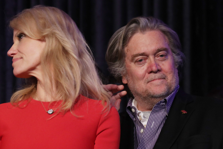 Trump campaign manager, Kellyanne Conway, and Trump campaign CEO Stephen Bannon stand on stage during Trump's victory speech. (Chip Somodevilla/Getty Images)</p>  