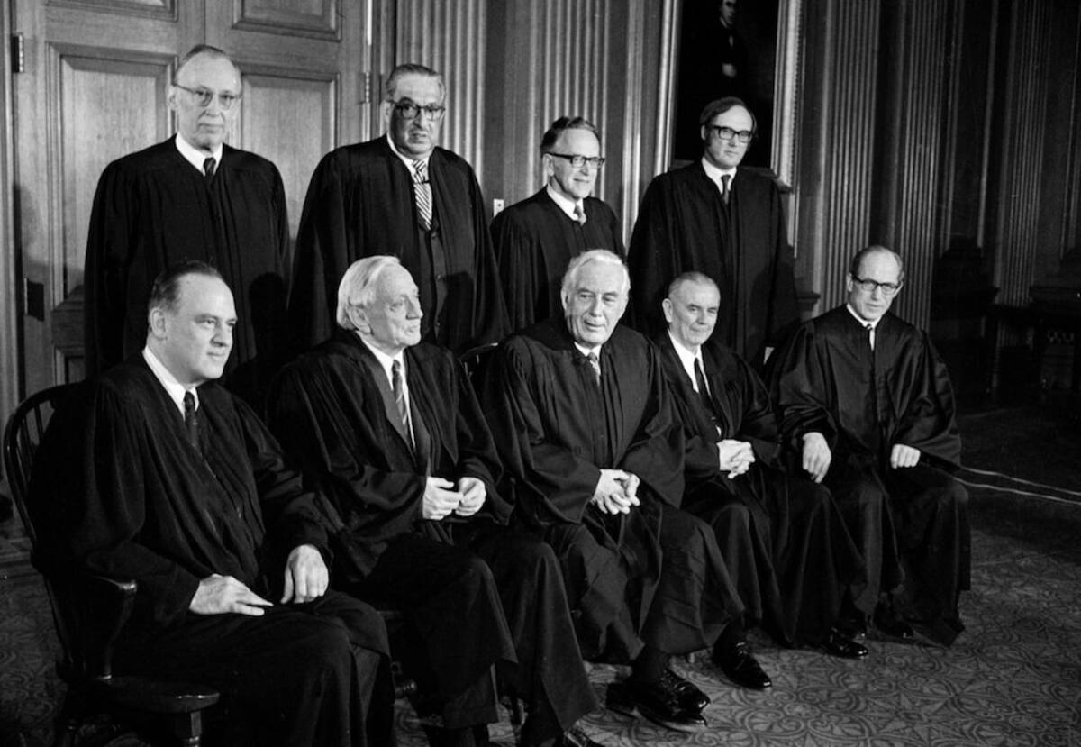 Members of the U.S. Supreme Court on April 20, 1972. Front row, from left: Justices Potter Stewart and William O. Douglas; Chief Justice Warren E. Burger; Justices William J. Brennan Jr. and Byron R. White. Back row, from left: Justices Lewis F. Powell Jr., Thurgood Marshall, Harry A. Blackmun and William H. Rehnquist. (John Rous/AP)