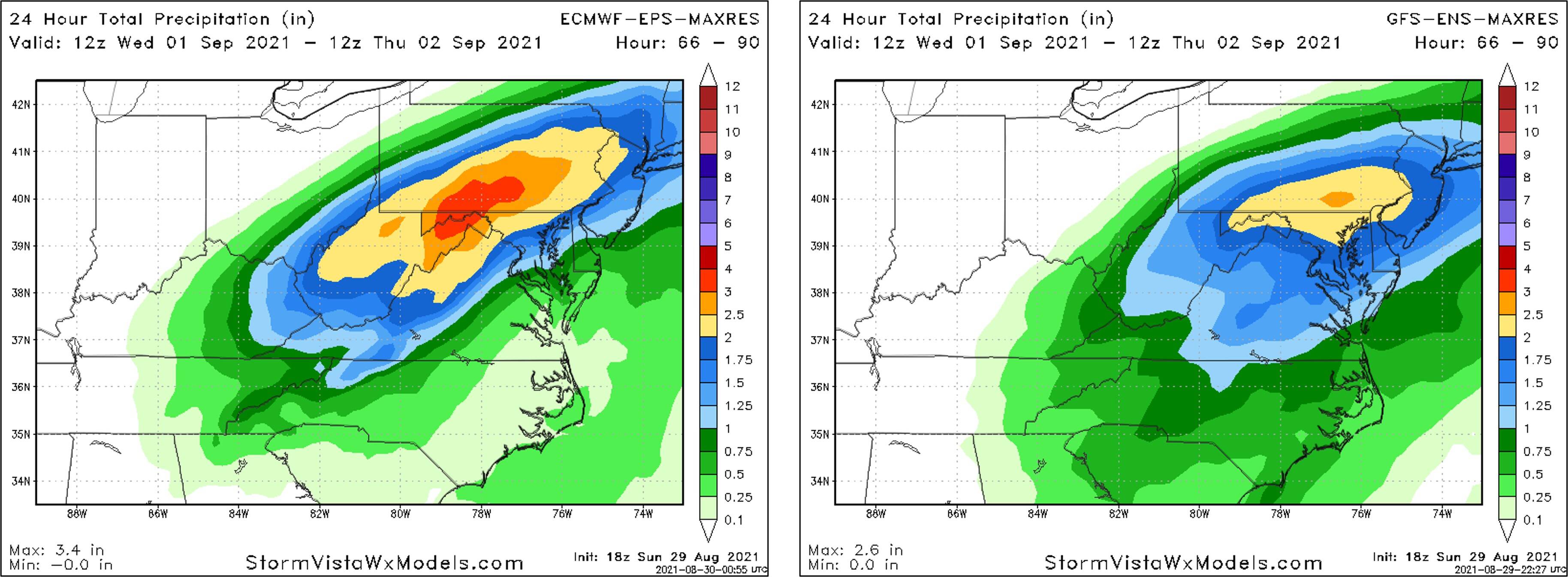 Precipitation forecasts from the European model, left, and the American model generally showing 1 to 2½ inches for the D.C. area Wednesday into Wednesday night from the remnants of Ida. It is possible these amounts increase as we get closer.