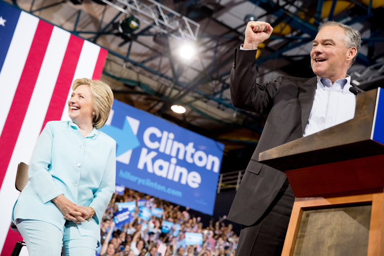 Kaine and&nbsp;Clinton speak at a rally in Miami.&nbsp;(AP/Andrew Harnik)</p>  