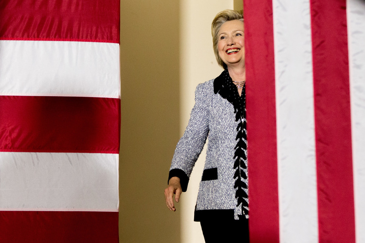 Hillary Clinton arrives to speak at a rally at the International Brotherhood of Electrical Workers Circuit Center in Pittsburgh yesterday.&nbsp;(AP Photo/Andrew Harnik)</p>  