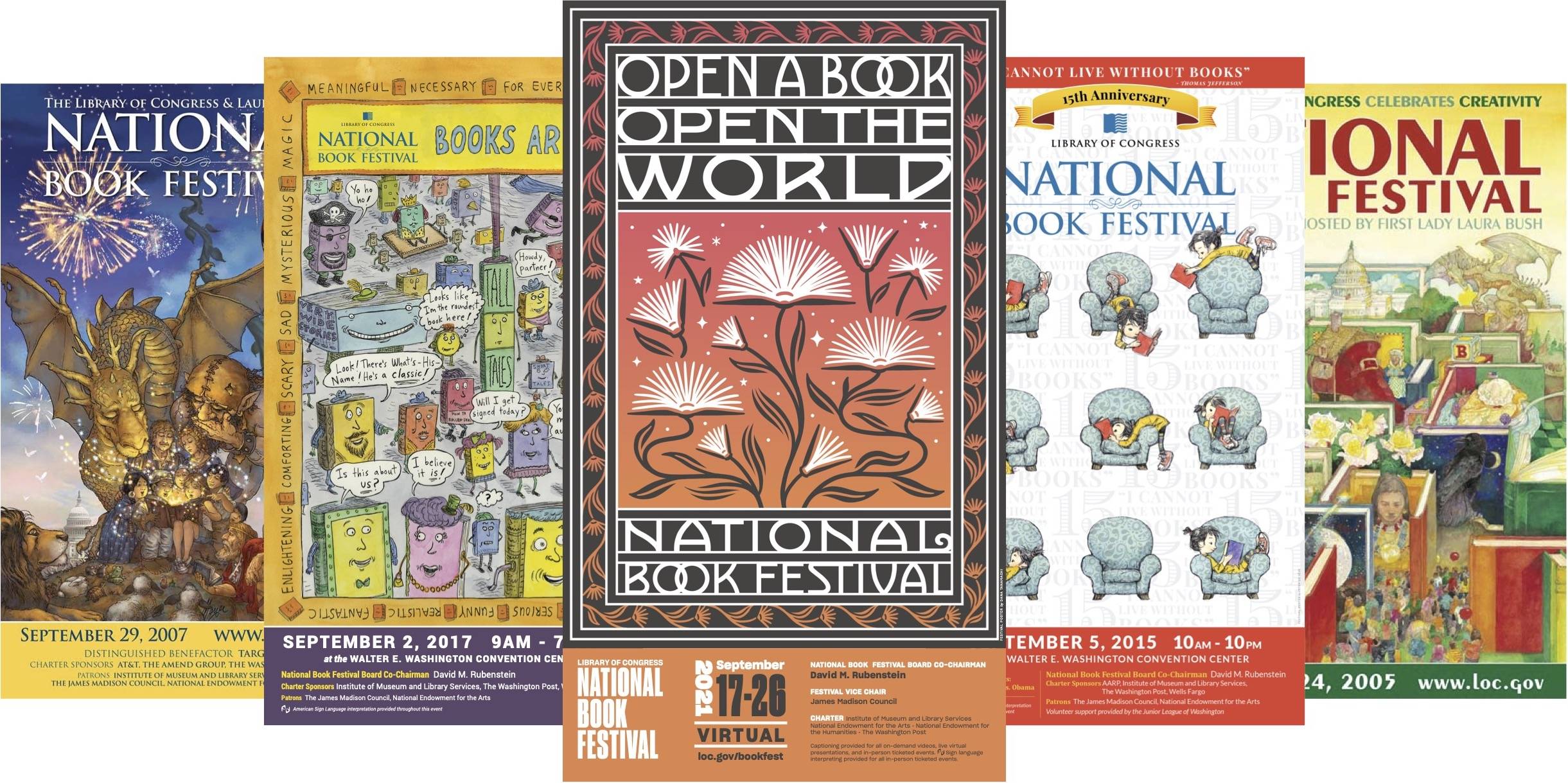 National Book Festival posters (r-l) by Mercer Mayer, Roz Chast, Dana Tanamachi, Peter de Sève and Jerry Pinkney. (Courtesy of the Library of Congress)