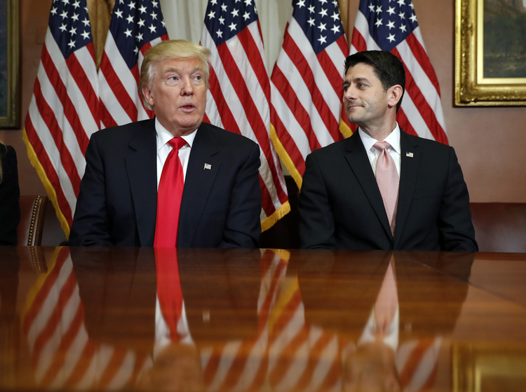Trump and Paul Ryan pose for photographers after meeting in the Speaker's office last week. (Alex Brandon/AP)</p>  