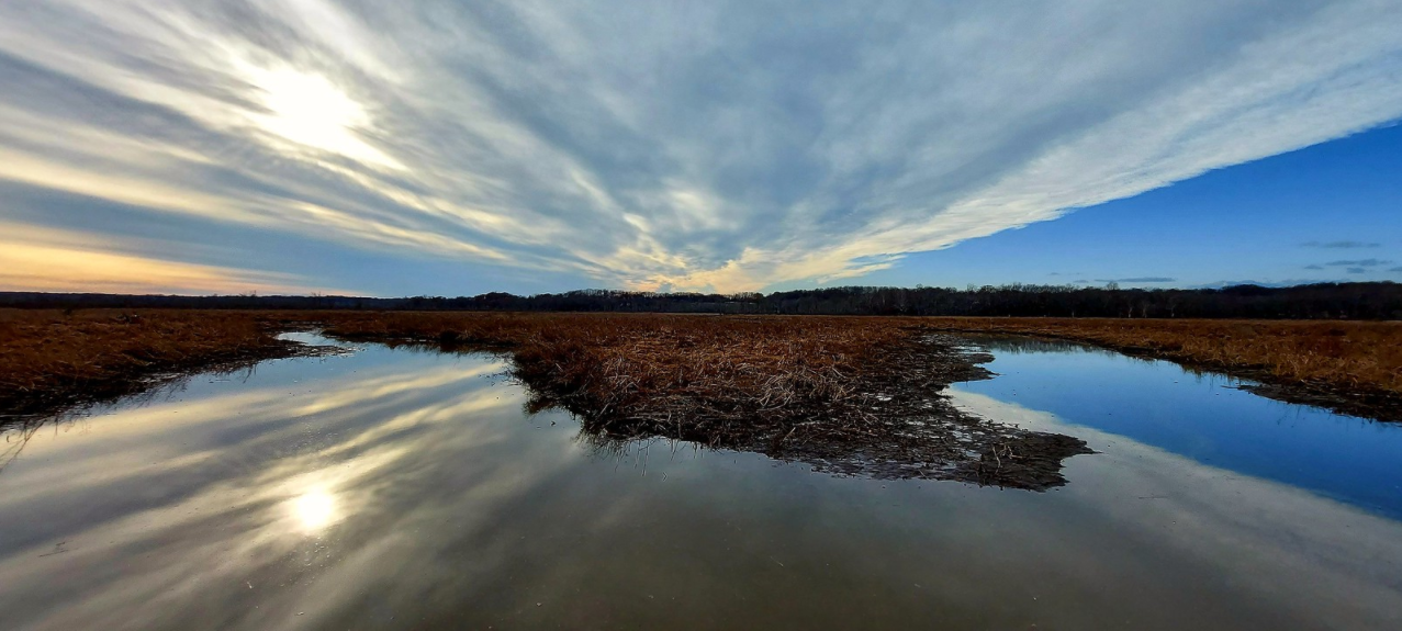 Sunset reflecting on the oxbow backwaters of the Patuxent River as it flows through the Jug Bay Nature Reserve Sunday. (Rex Block/Flickr)