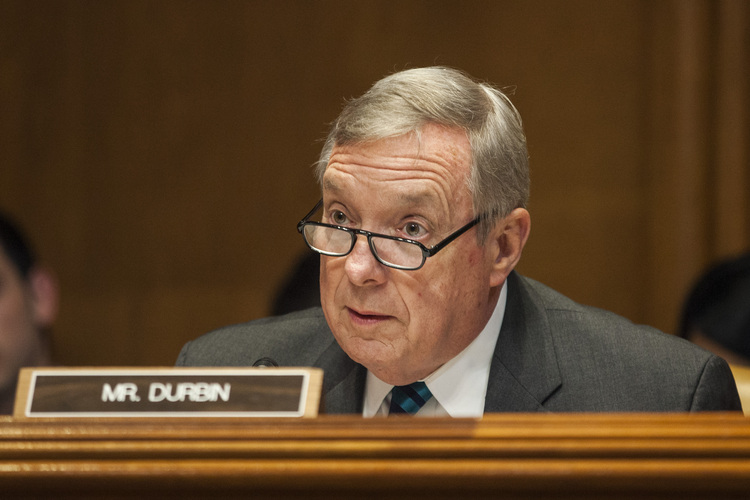 Senate Minority Whip Dick Durbin (D-Ill.) speaks during another hearing yesterday. (Zach Gibson/Getty Images)</p>  