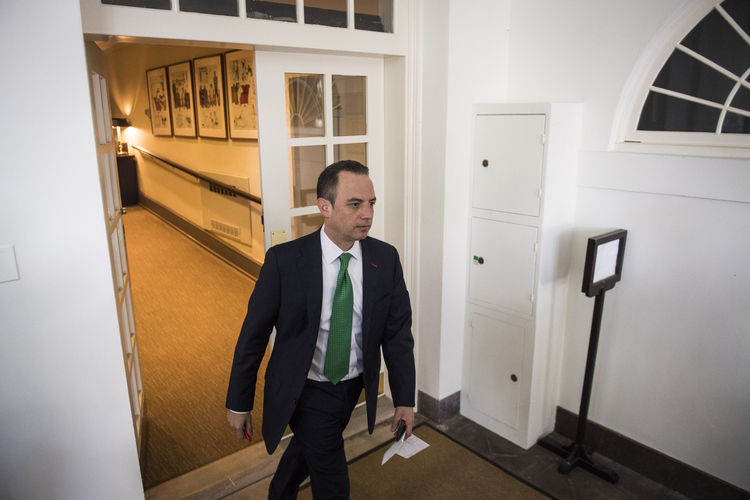 Reince Priebus walks out of the White House last month. (Jabin Botsford/The Washington Post)  
