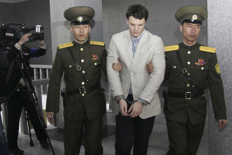 Otto Warmbier&nbsp;at the Supreme Court in Pyongyang.&nbsp;(AP/Jon Chol Jin)</p>  